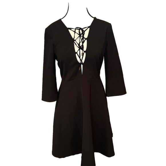 Zara Basic Women’s BLACK Lace Up Front Fit & Flair Dress 3/4 Sleeves Sz S  NWT - Picture 5 of 11